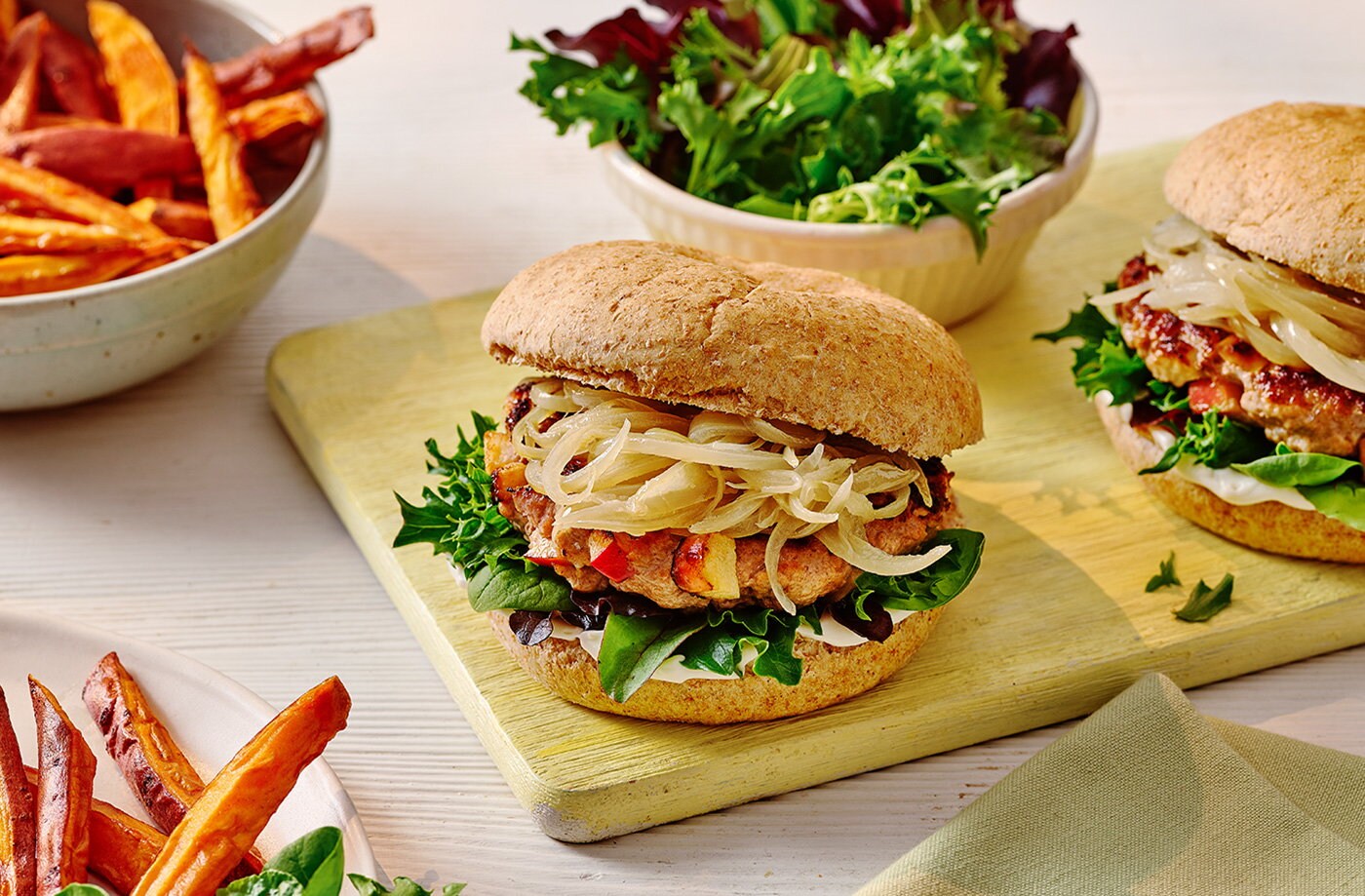 Pork and apple burgers with sweet potato fries