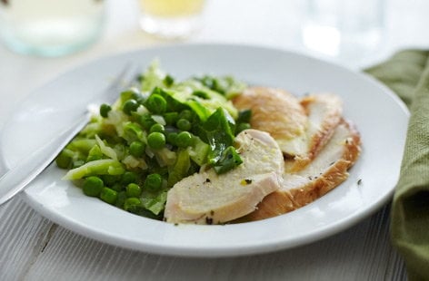 Rotisserie chicken with cabbage and leek boullion