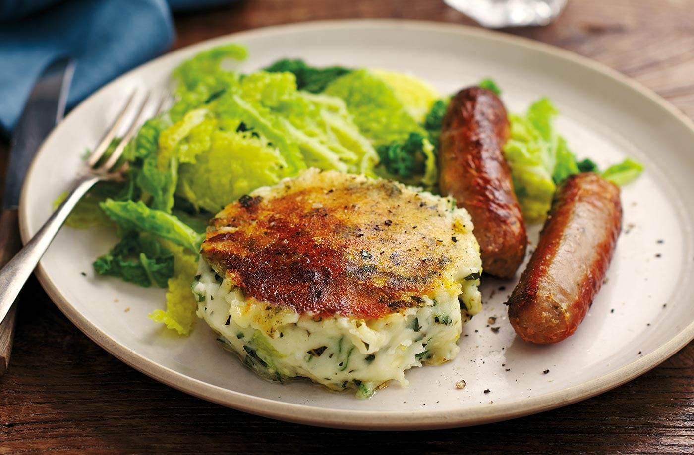 Bubble and squeak cakes with sausages