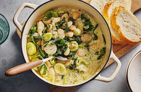 Image of "Creamy greens, pesto and butter bean stew"
