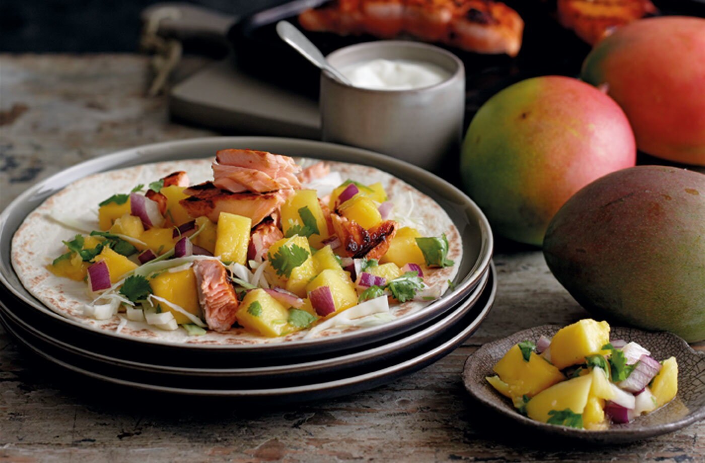 Grilled chipotle salmon tacos with mango salsa
