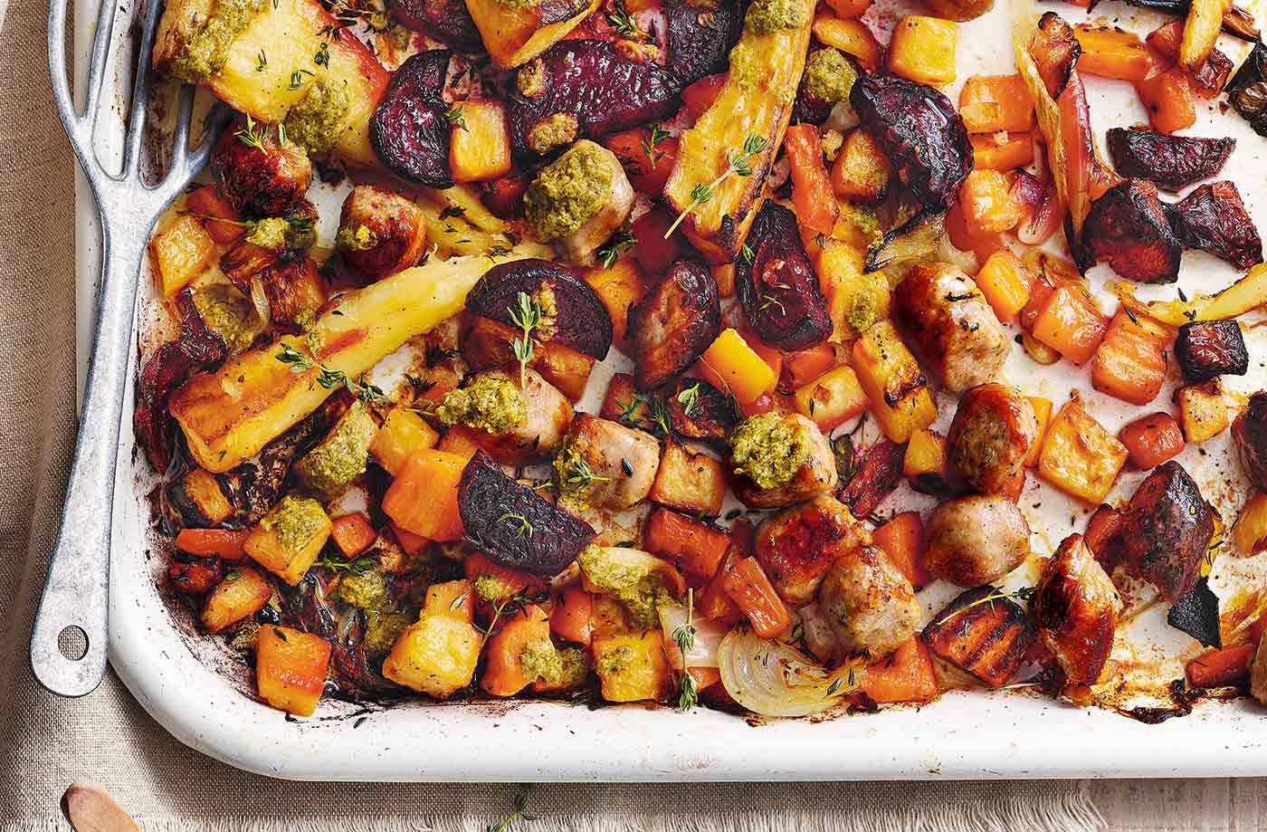 Sausage and veg traybake with pesto sauce
