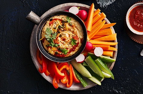 Image of "Harissa-spiced red pepper houmous"