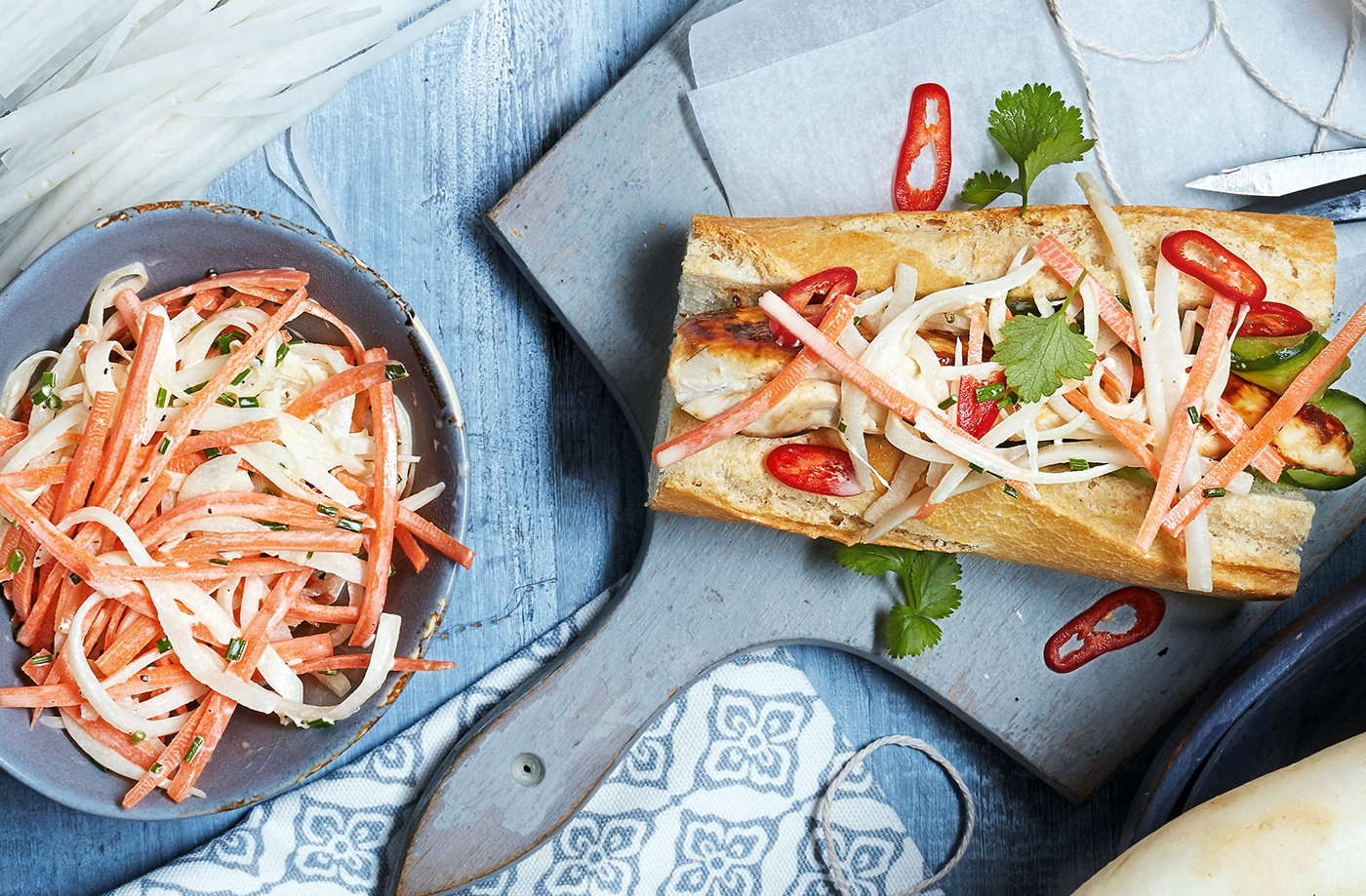 Barbecue chicken baguette with mooli and carrot slaw