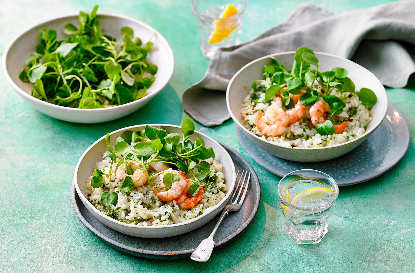 Watercress and prawn risotto