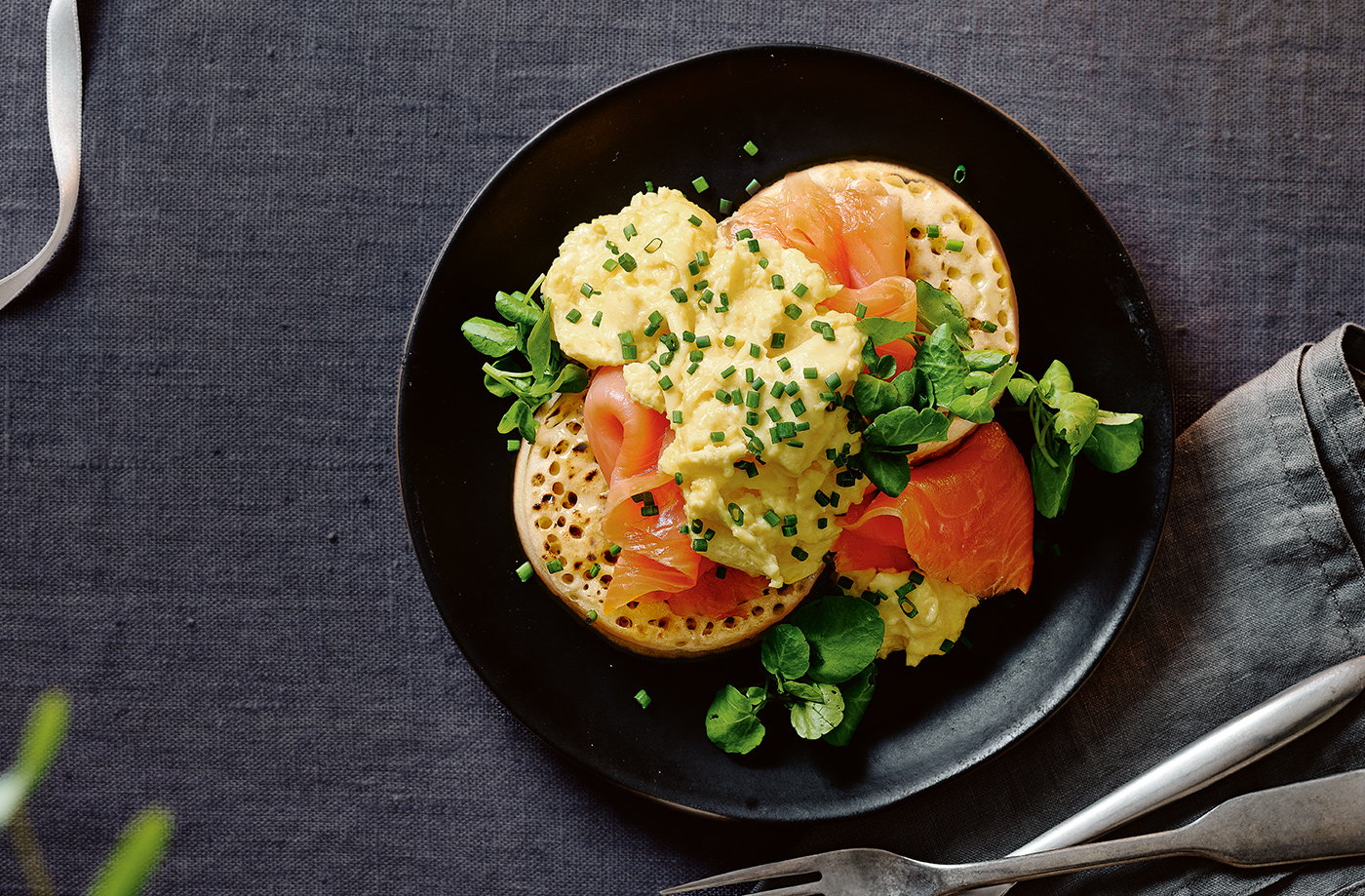 Smoked salmon and scrambled egg crumpets