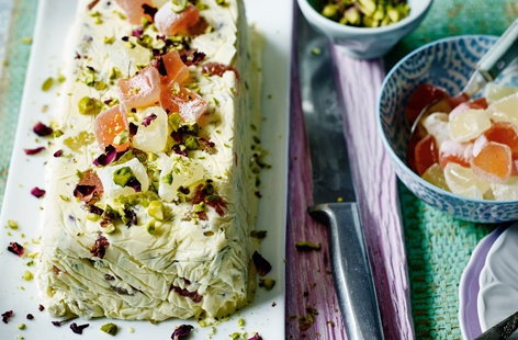 Image of "Pistachio and Turkish delight ice cream terrine"