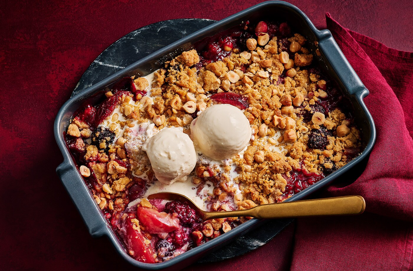 Mulled plum and blackberry crumble