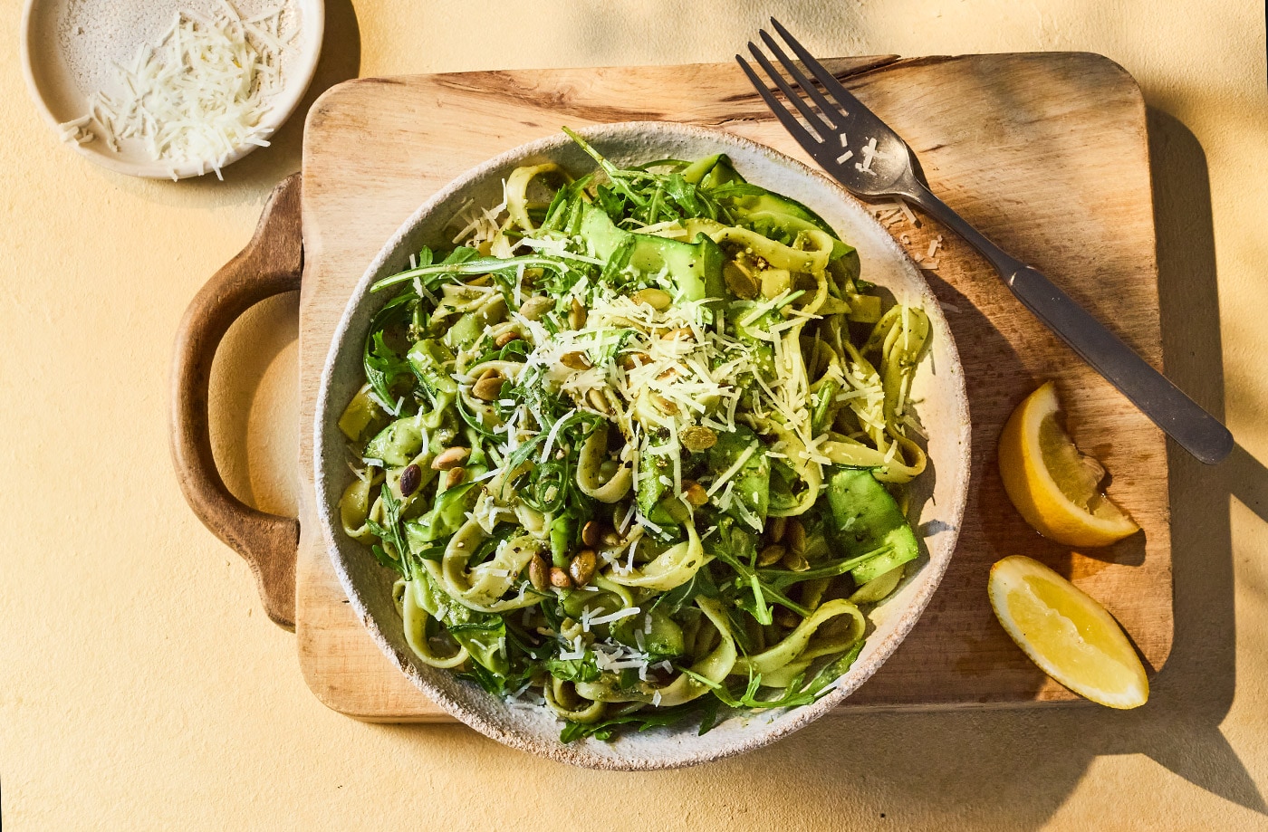 Tagliatelle with pumpkin seed and courgette pesto