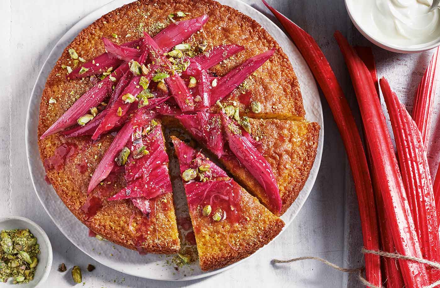Warm orange cake with roasted rhubarb