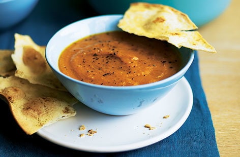 Image of "Curried carrot soup with cumin tortilla snaps"