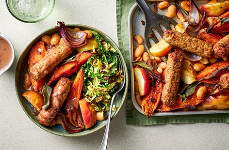 Image of "Veggie sausage, apple and sweet potato traybake"
