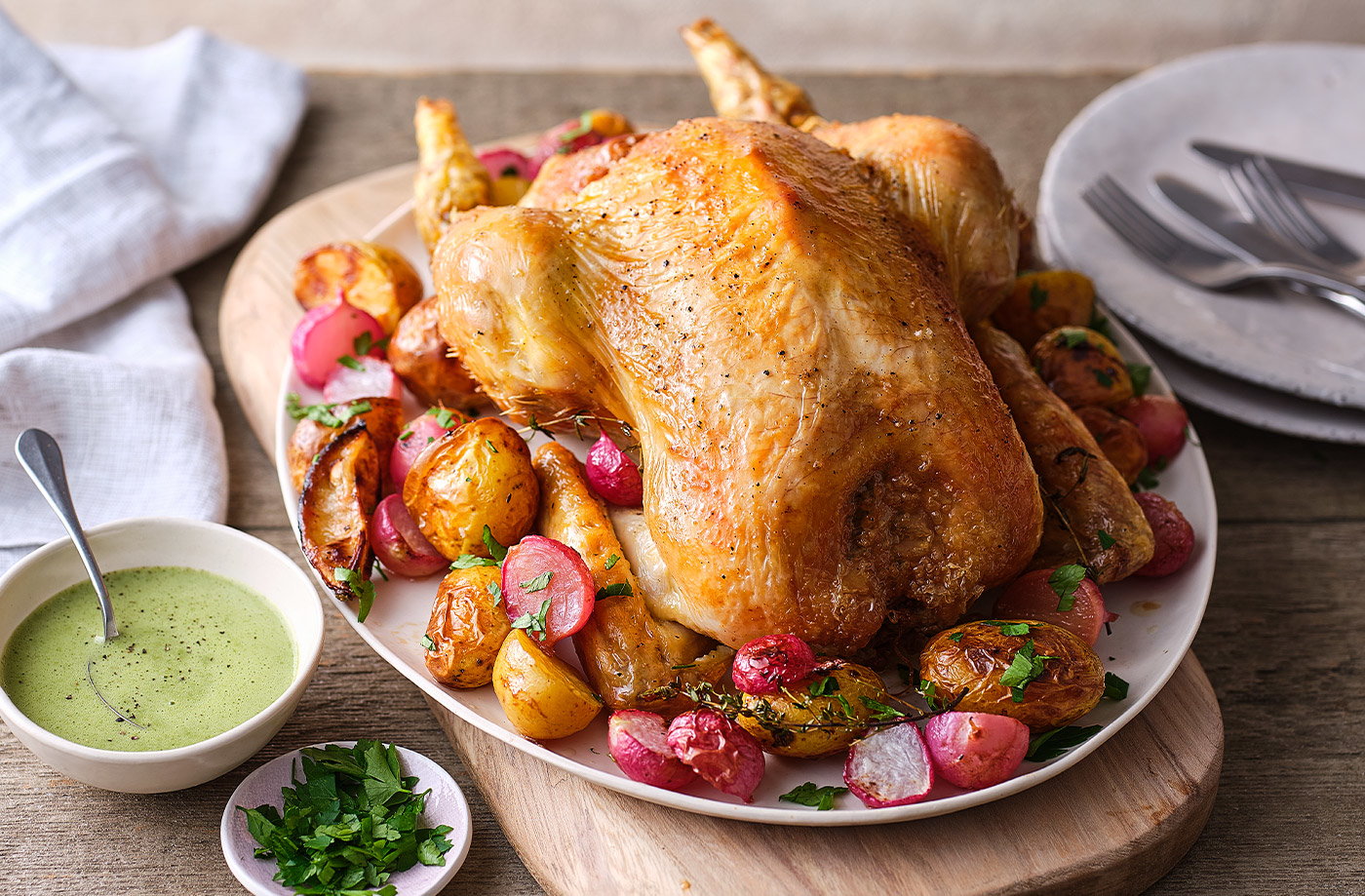 Roast chicken with green hollandaise