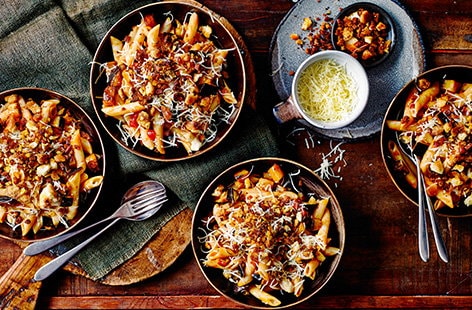 Image of "Tomato and aubergine pasta with chorizo breadcrumbs"