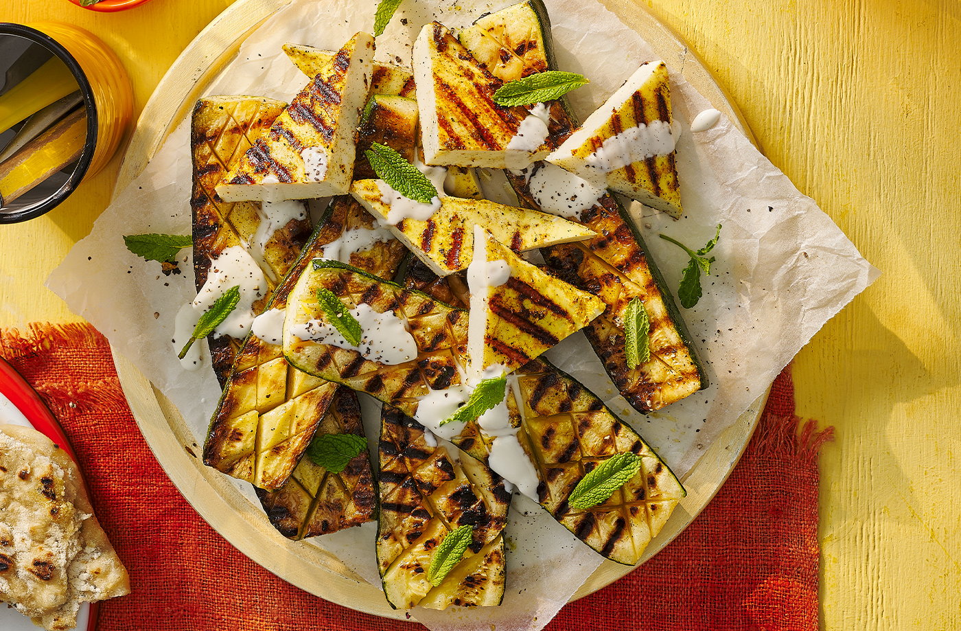 Grilled spiced paneer with charred courgettes