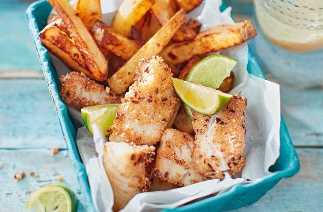 Lemon and thyme cod goujons and chips