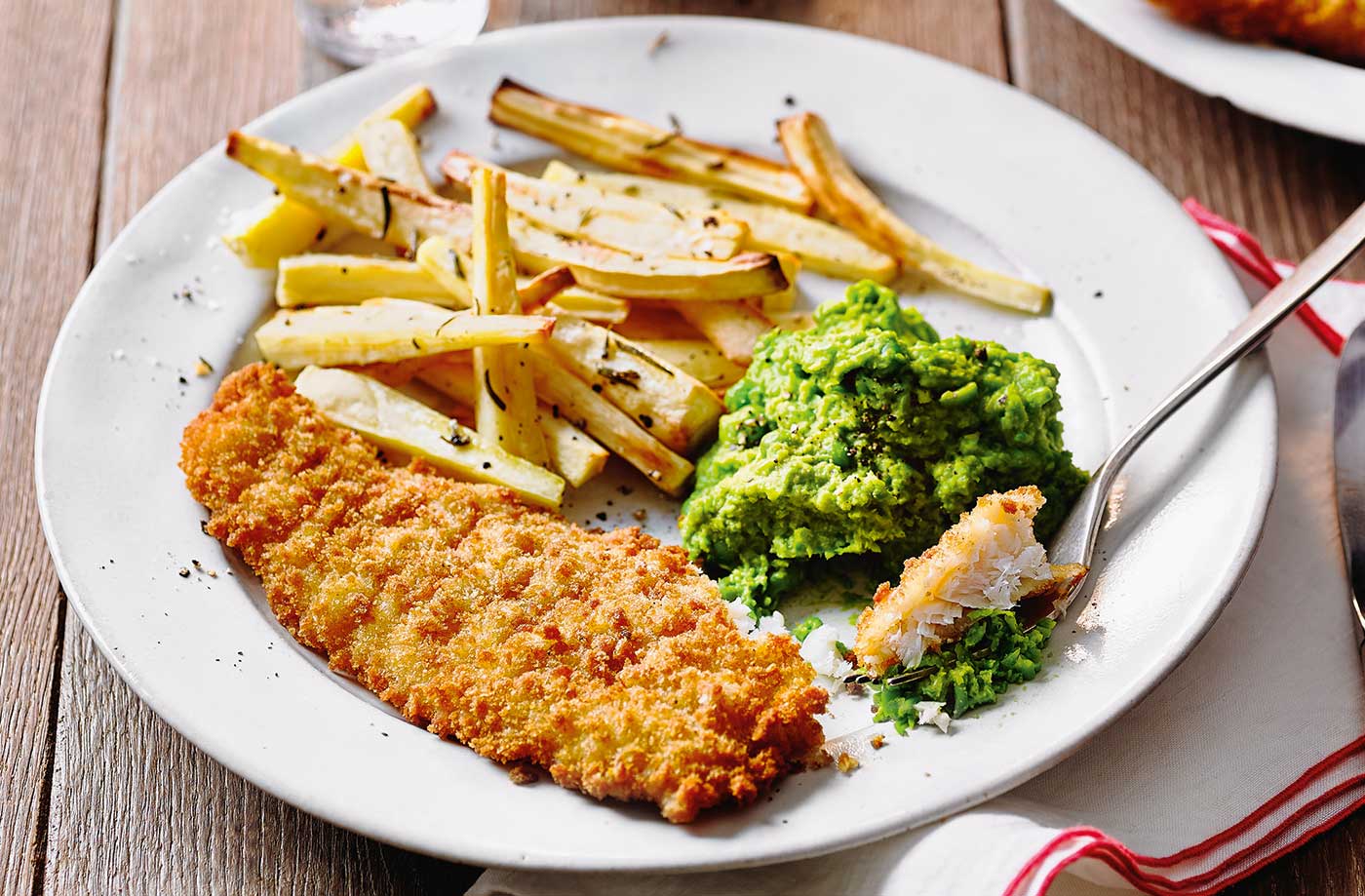 Fish with parsnip chips and cheat's mushy peas