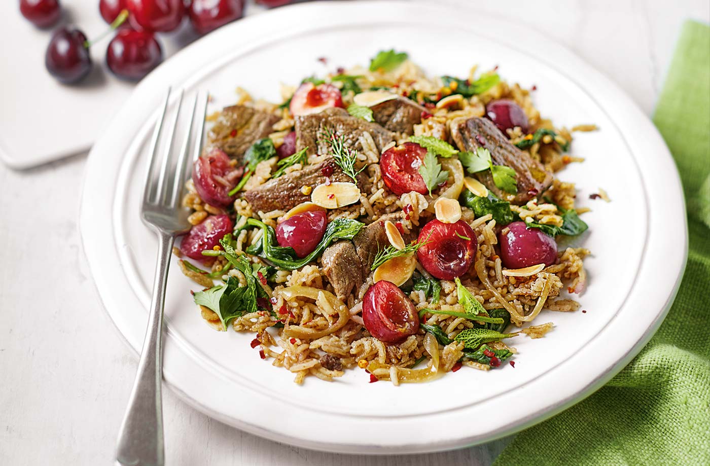 One-pot lamb and cherry pilaf