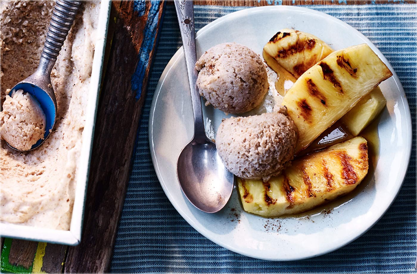 Griddled pineapple with smoked bread and banana ice cream