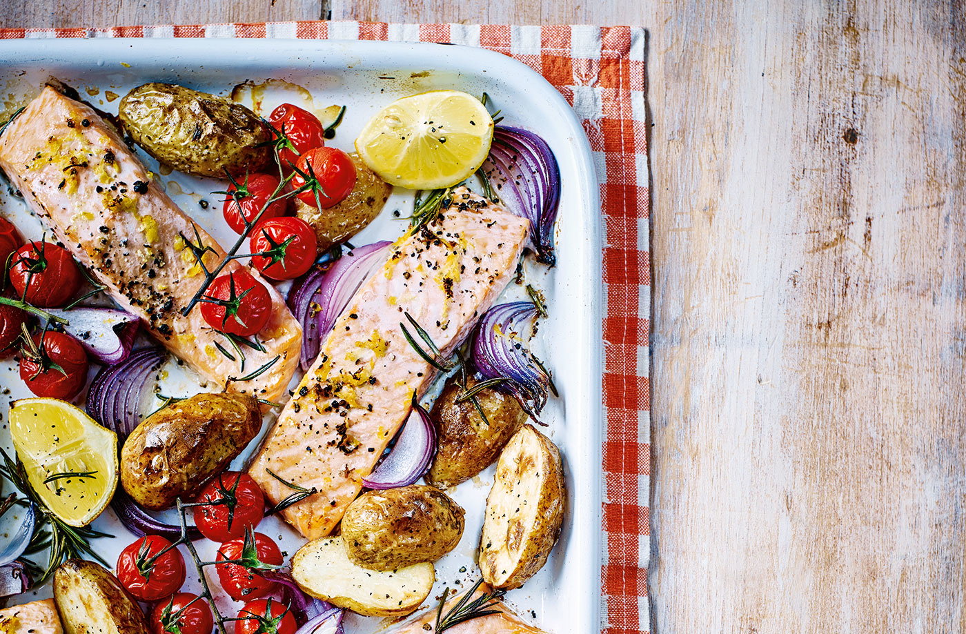 Baked salmon with roast Jersey Royals