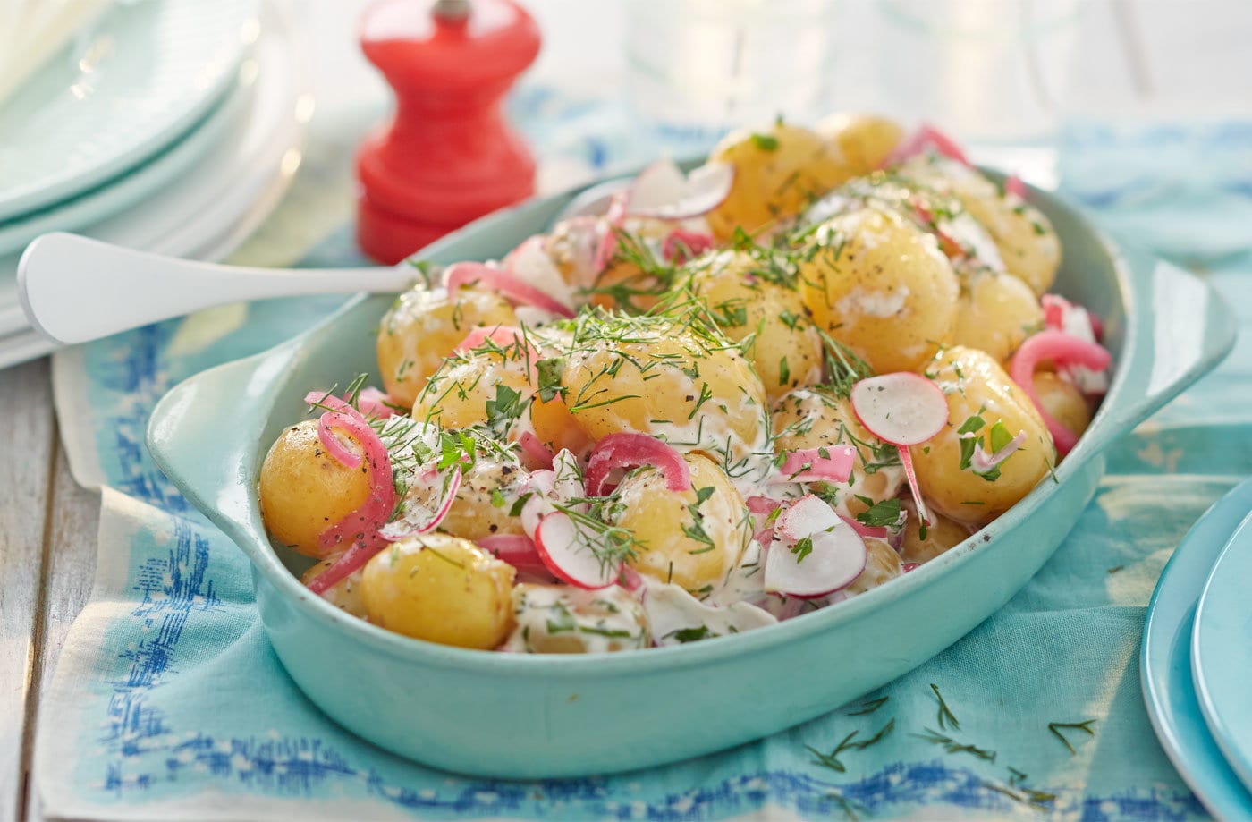 Scandi potato salad with radish and quick-pickled red onion