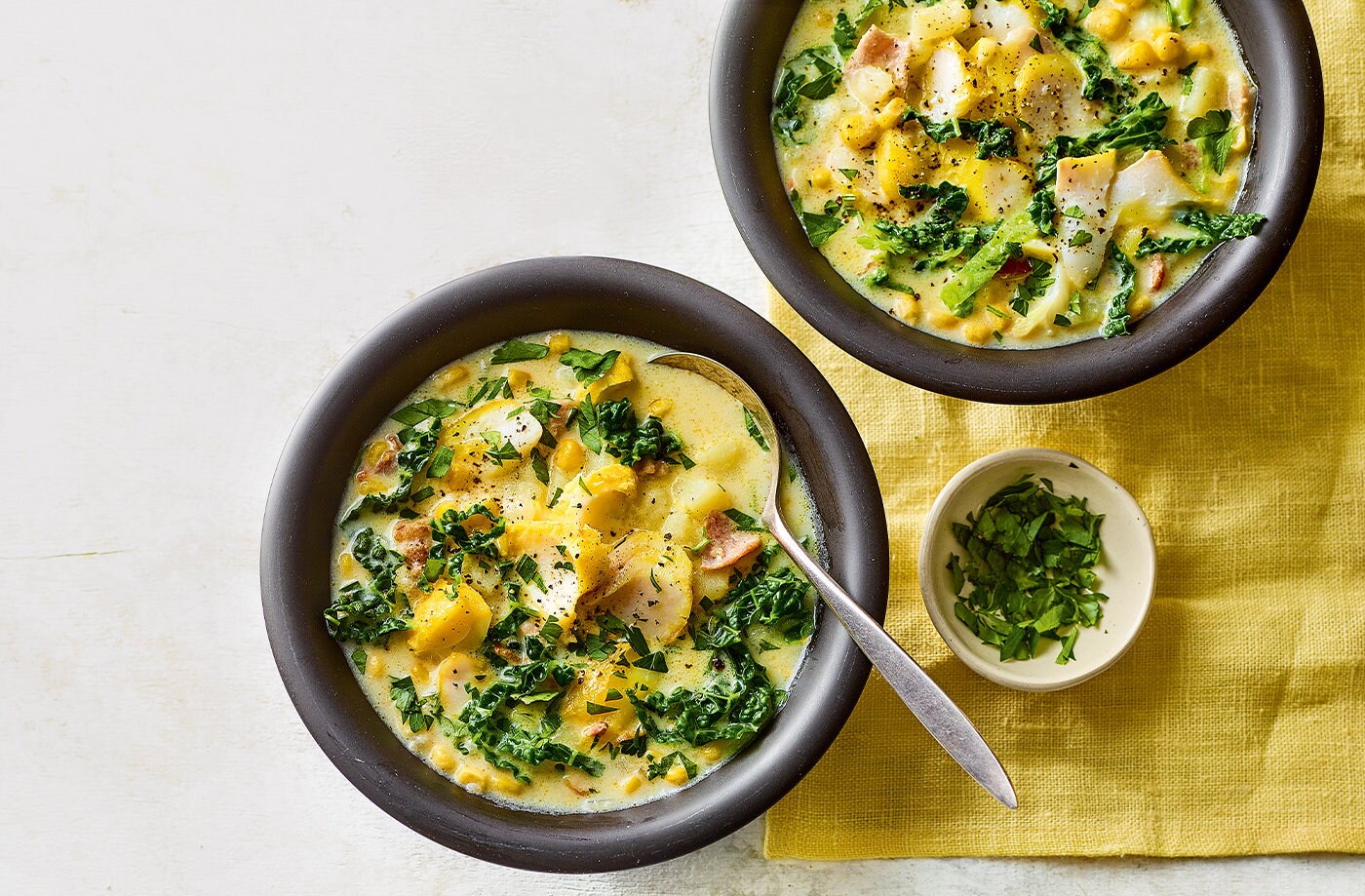 Speedy smoked basa and corn chowder