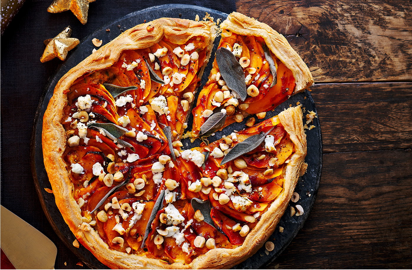 Cranberry-glazed squash and feta galette
