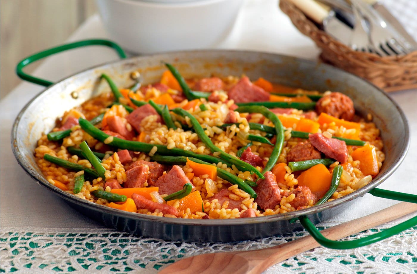 Gammon and sausage paella