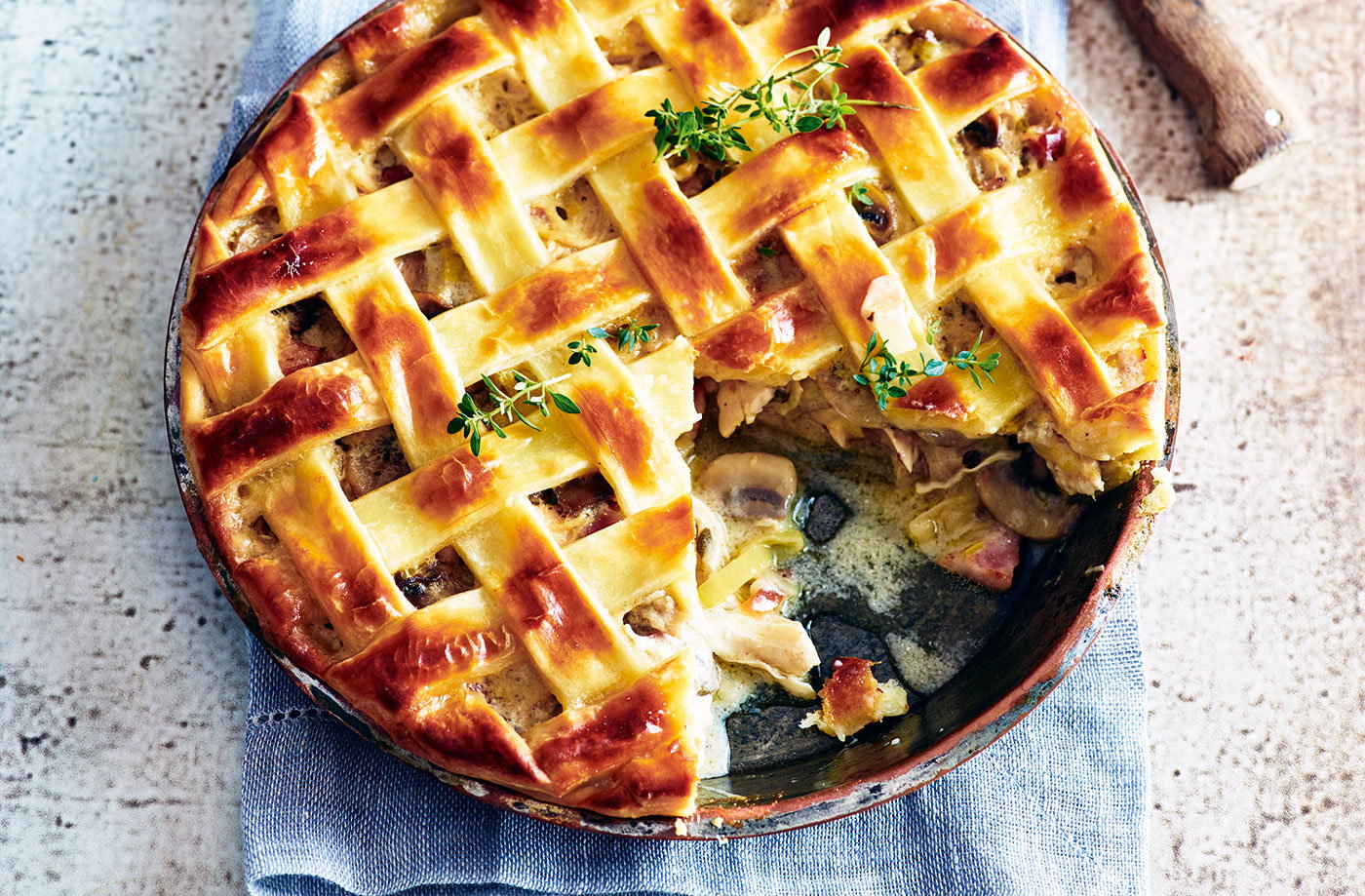 Chicken, pancetta and mushroom pie