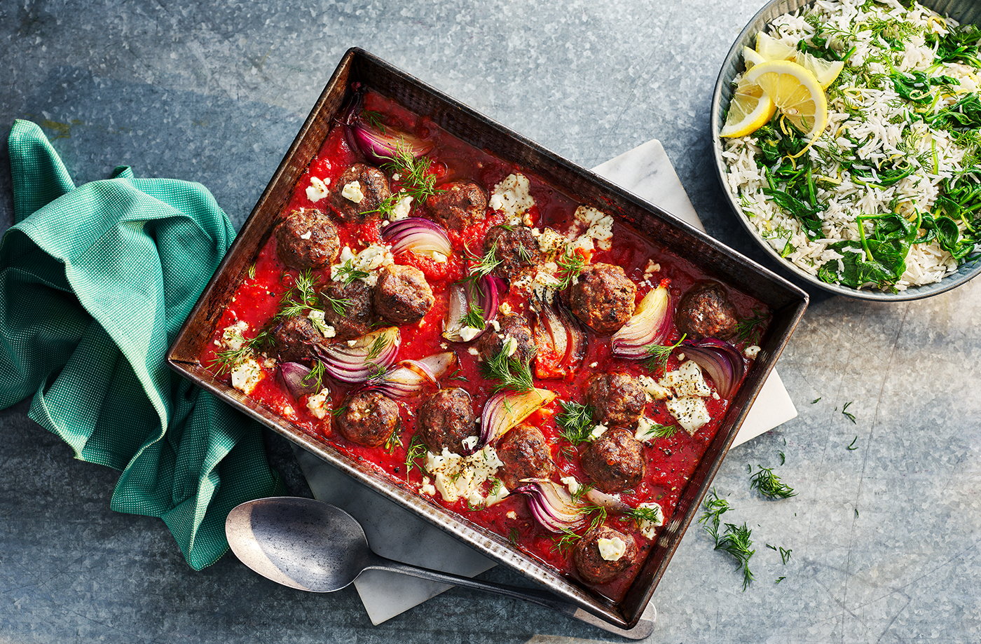Tomato meatball traybake with lemony spinach rice