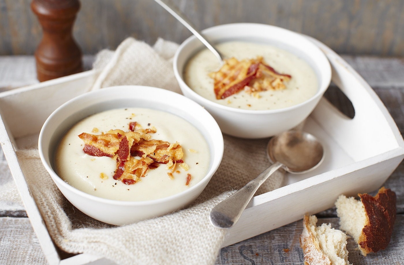 Cauliflower cheese soup with crispy pancetta croutons