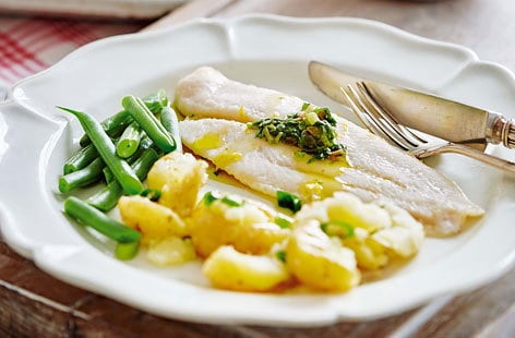 Image of "Baked fish with watercress salsa and crushed potatoes"
