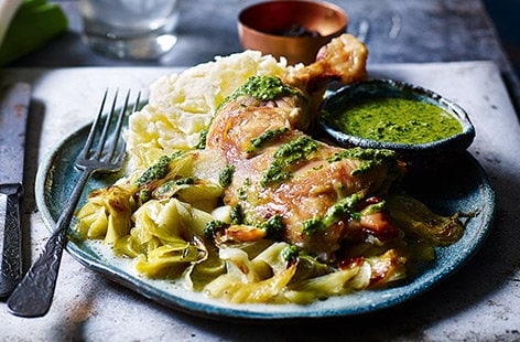 Image of "Creamy leeks with roast chicken and salsa verde"