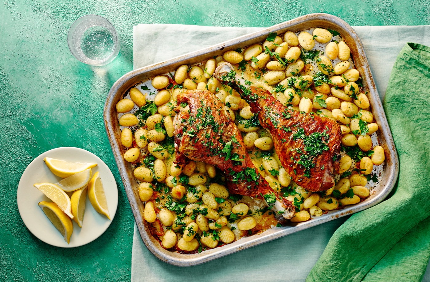 Turkey legs with herby butter and crispy gnocchi