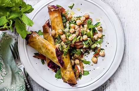 Image of "Goat's cheese and beetroot filo parcels with chickpea tabbouleh"