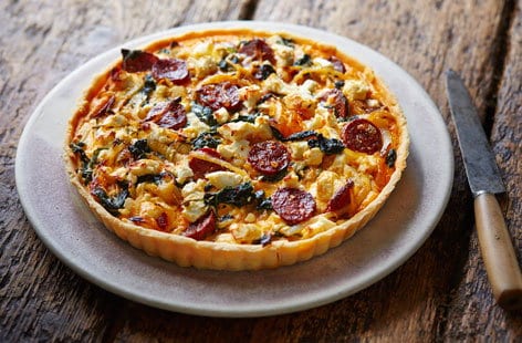 Image of "Gluten-free spinach, feta and chorizo tart "