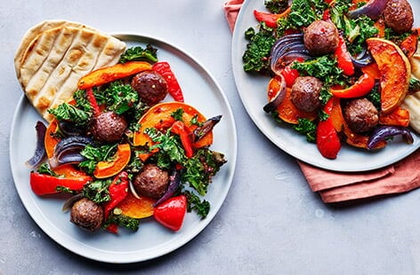 Image of "Hot honey squash and meatball traybake"