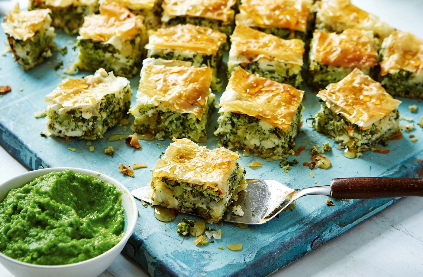 Broccoli, feta and almond baklava with pea purée