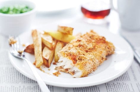 Image of "Breaded fish with chunky chips"
