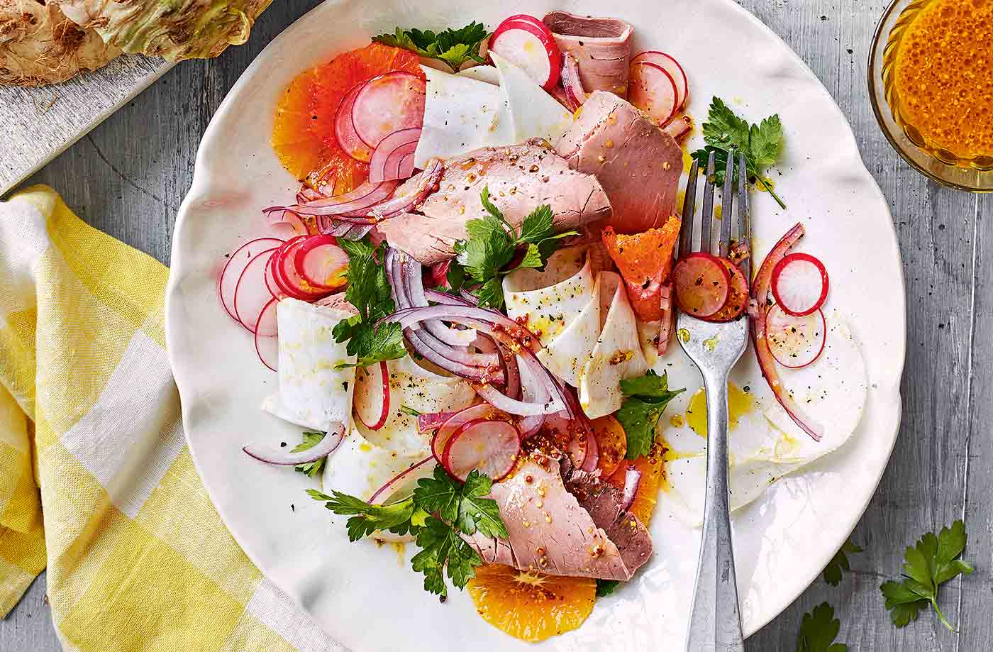 Celeriac, orange and roast beef salad