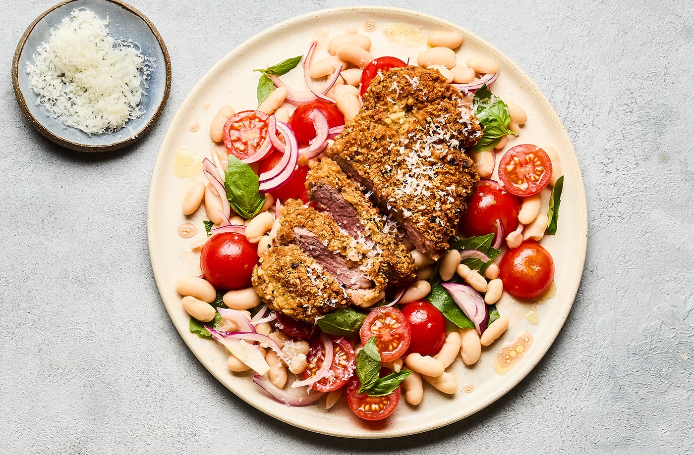 Cacio e pepe lamb with white bean salad