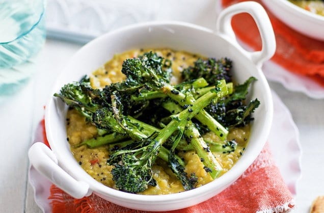 Red lentil dhal with spiced broccoli