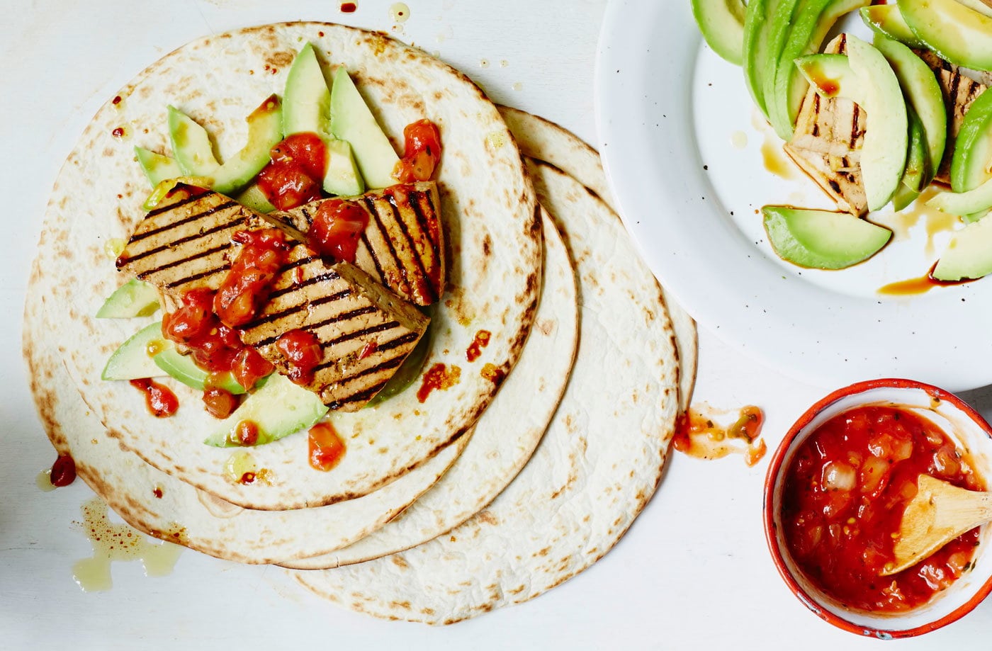 Grilled tofu wraps with salsa and avocado