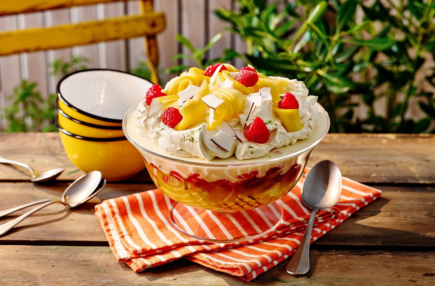 Coconut, mango and raspberry trifle