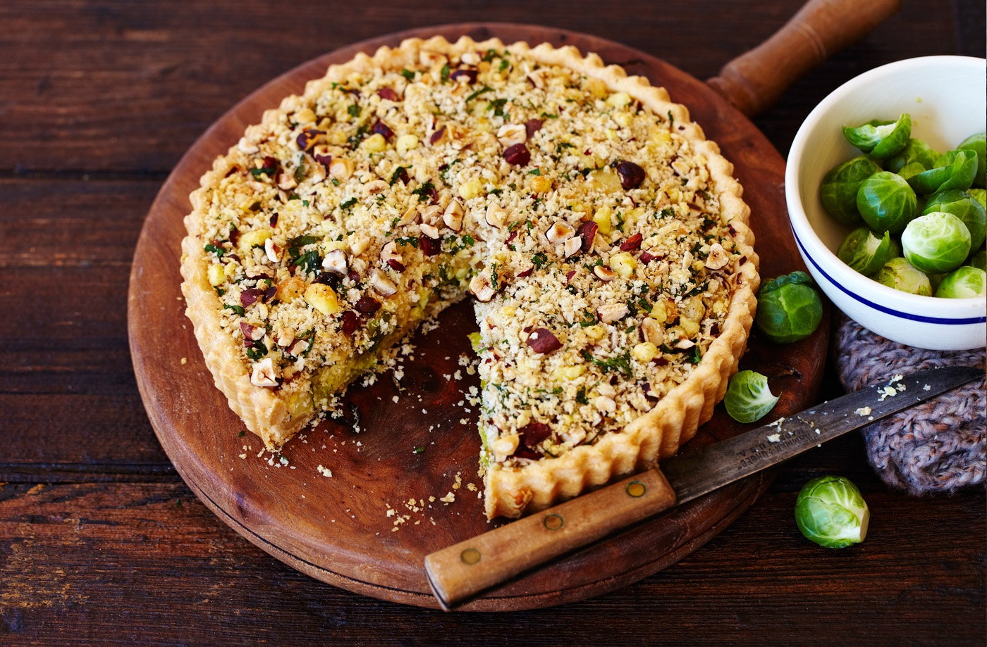 Shredded sprouts and Wensleydale crumble tart