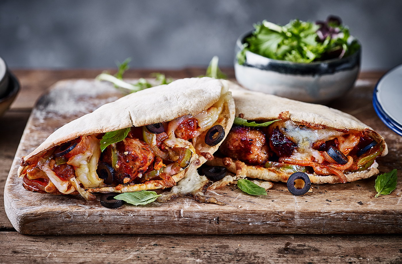 Sausage meatball-melt loaded pittas