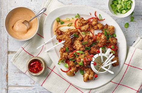 Image of "Fried miso chicken with sriracha mayo"