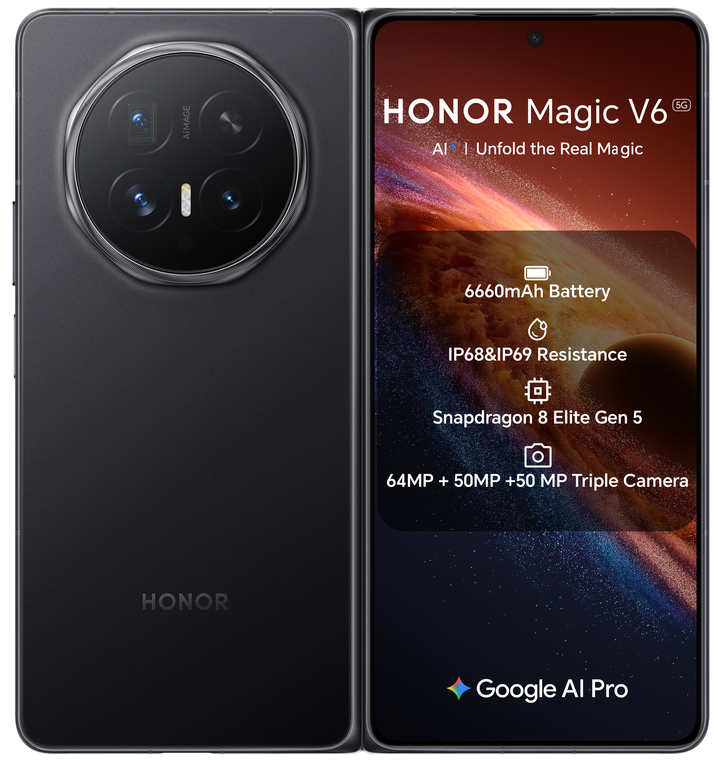 HONOR Magic V6 6.52" OLED Snapdragon 8 Elite 16GB RAM 512GB Storage 5G Dual-SIM MagicOS Smartphone - Black